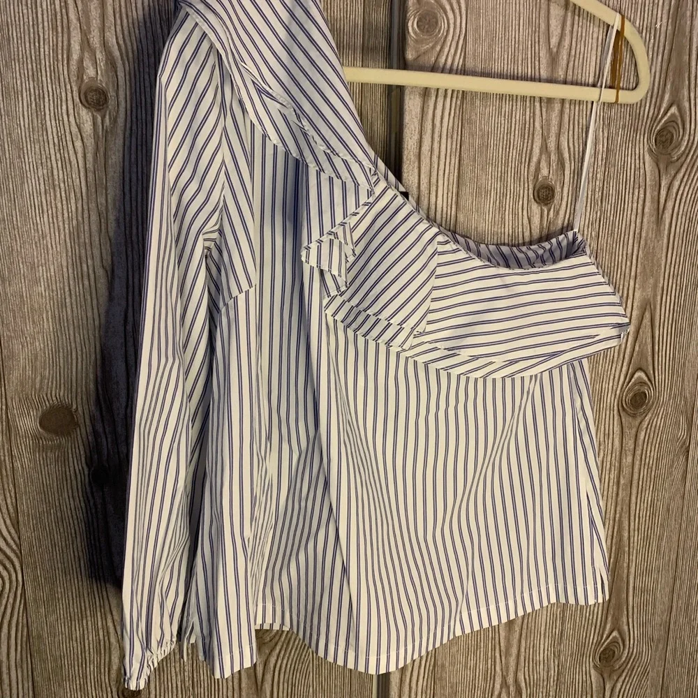 J. Crew 12 pinstripe one shoulder blouse ruffle tailored shirt cotton career NWT